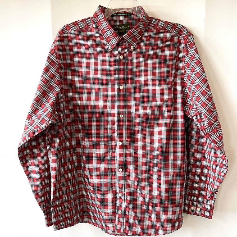 Eddie Bauer Wrinkle Resistant Long Sleeve Button Down Red & Blue Plaid Shirt, EC